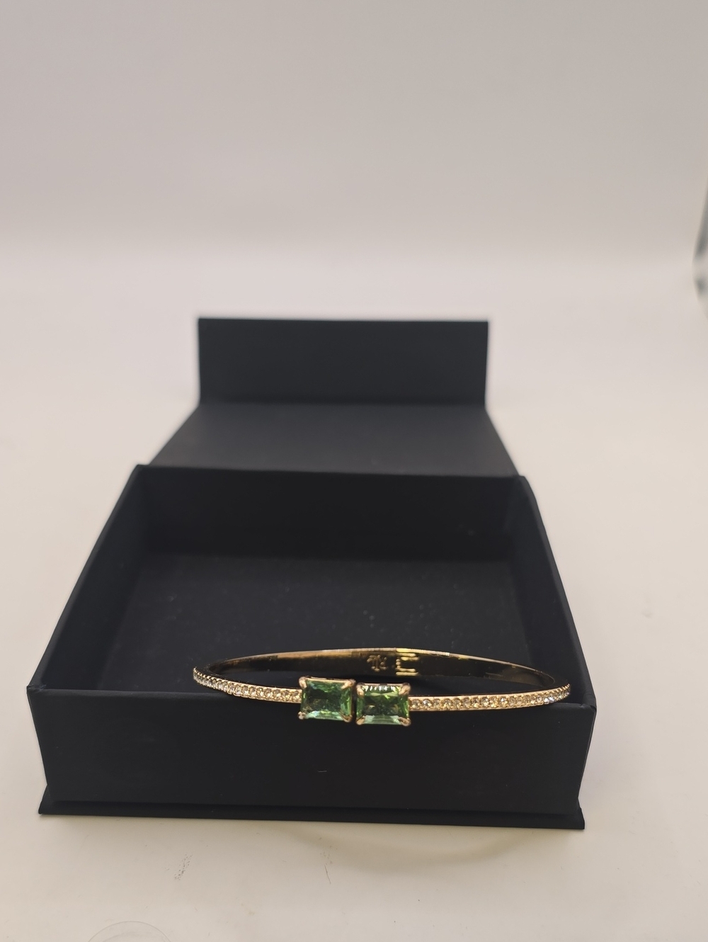 ​Lauren Ralph Lauren Gold Green Emerald Cut Stone Pave Bangle Bracelet Boxed